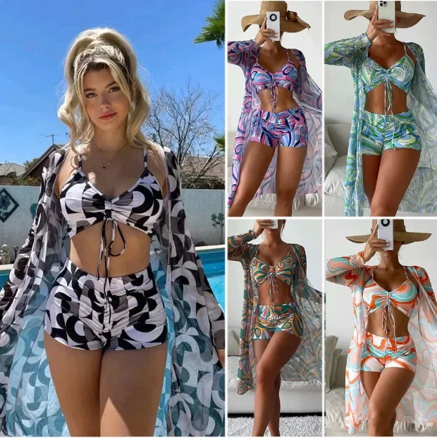 High Waist Bikinis 2022 Sexy 3 Piece Bikini Set Cover Up Swimsuit for Women Long Sleeve Push Up Swimwear Beach Wear Bathing Suit