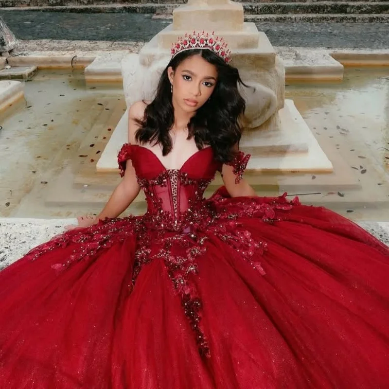 

Customized Shiny Red Quinceanera Dresses Off the Shoulder Sequin 3D flower Tull Lace Long tail Vestido 15 Quinceanera
