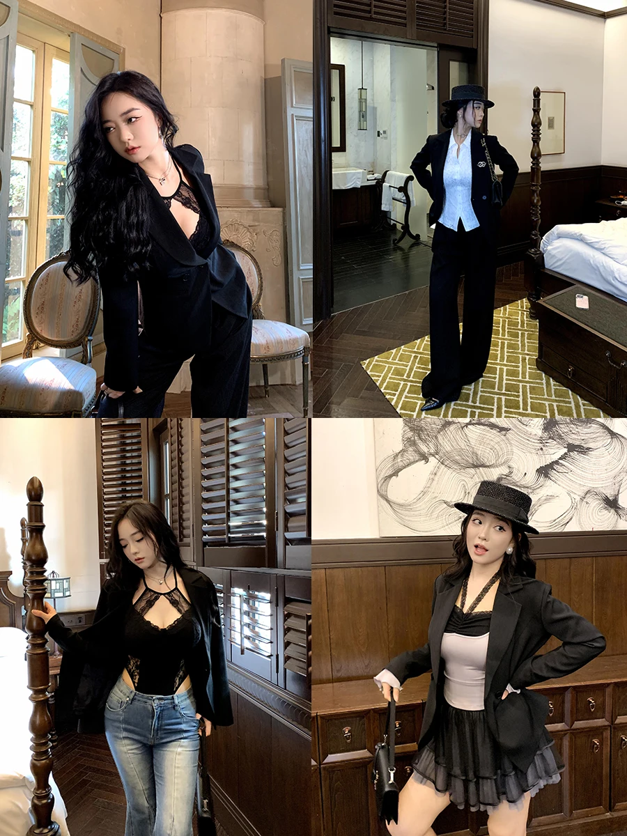 

Slim Fit oulder Pad Double Breasted Waist Cinched Suit Jaet Casual Sle Pure Color Flip Collar plus Size Cherry Brand