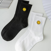 2 Pairs Solid Color Medium Tube Socks For Women's Fresh Smiling Face Pattern Simple Style Comfortable Breathable Girl Socks