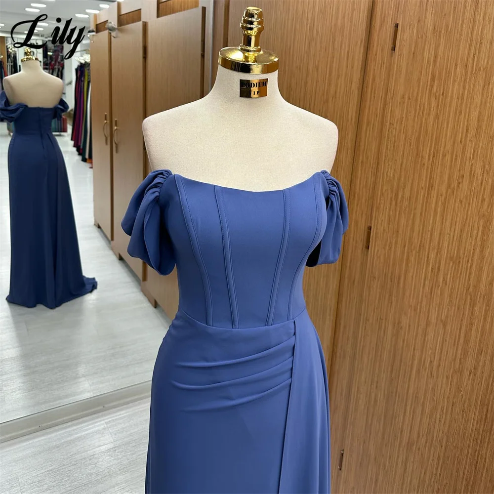 Lily Blue Evening Dress Off The Shoulder Prom Dress Simple Strapless Mermaid Satin Party Dress With Pleats Vestidos De Noche