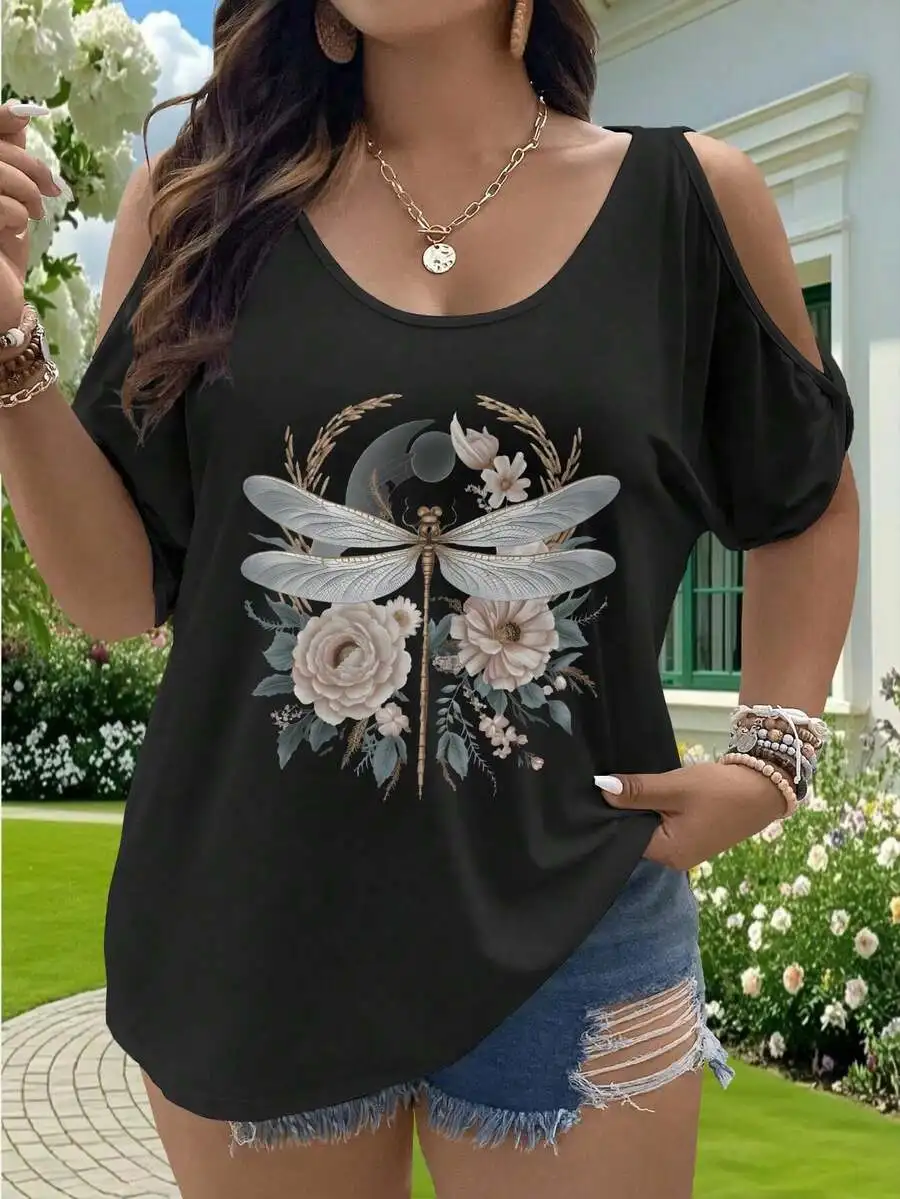 

Womens Black Cold Shoulder Dragonfly Floral Print Oversized T-Shirt Casual Summer Top