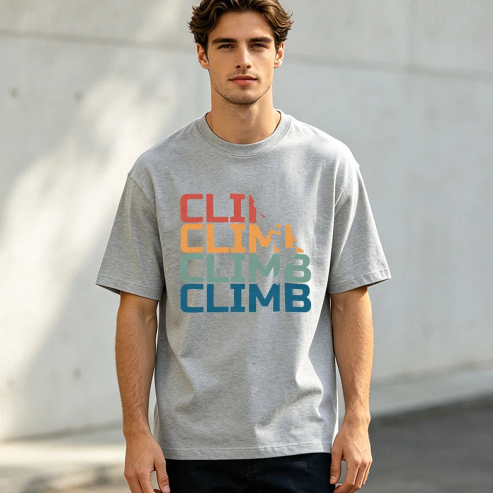 Vintage CLIMB Stacked Text Print T-Shirt Men Retro Multicolor Climbing Casual Cotton Tee Outdoor Hiking Adventure Aesthetic Tops