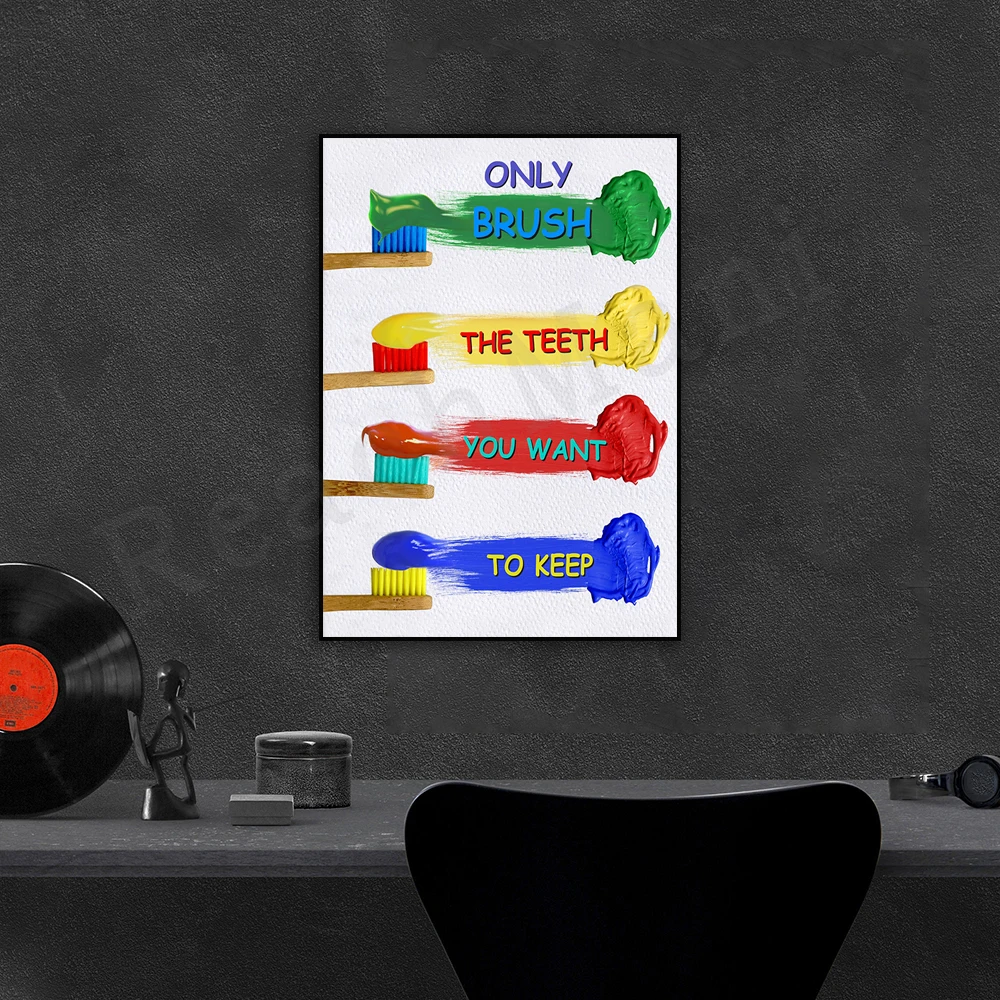 Brush your teeth, interesting bathroom wall art, color toothbrush logo poster, children's humorous decoration, toilet rules