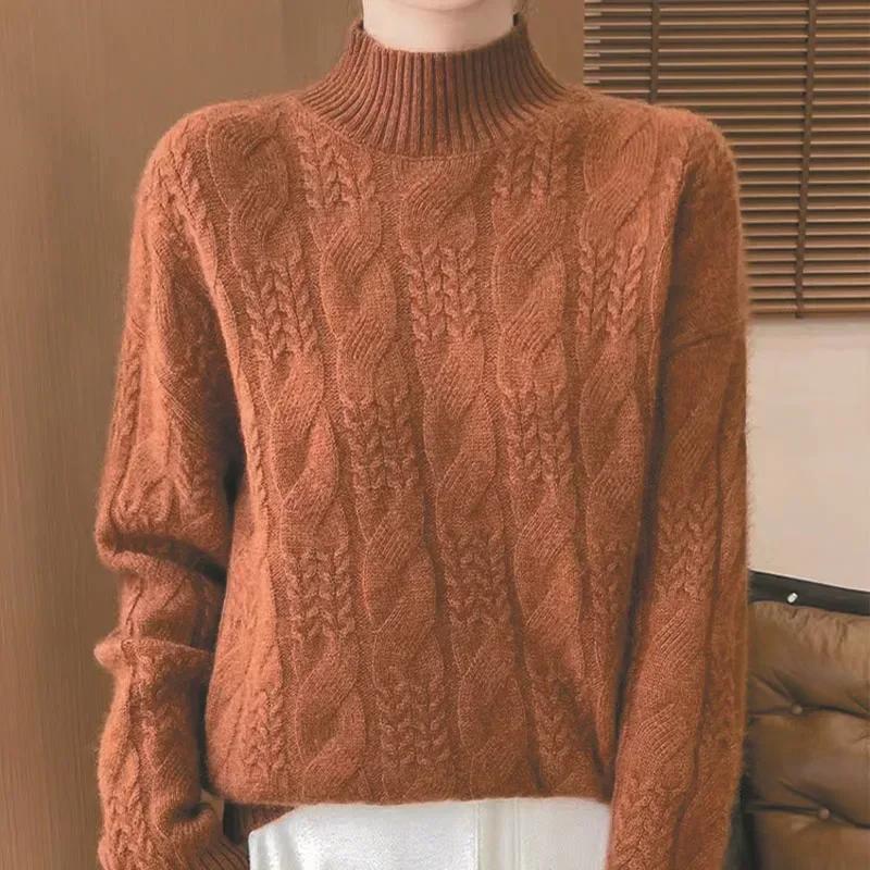 

Women's Autumn Winter New Style Soft Comfortable Versatile Base Layer Shirt Thickened Half High Collar Twist Knit Sweater