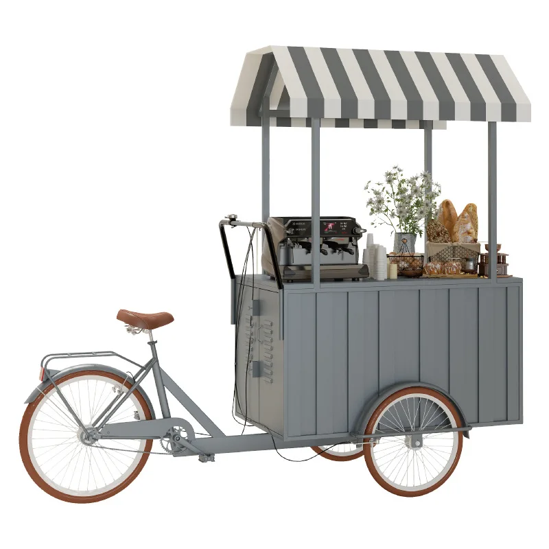 

Three-wheeled food truck, bicycle, fried skewers, Oden boiled grilled squid, float creative trolley coffee at the entrance of th