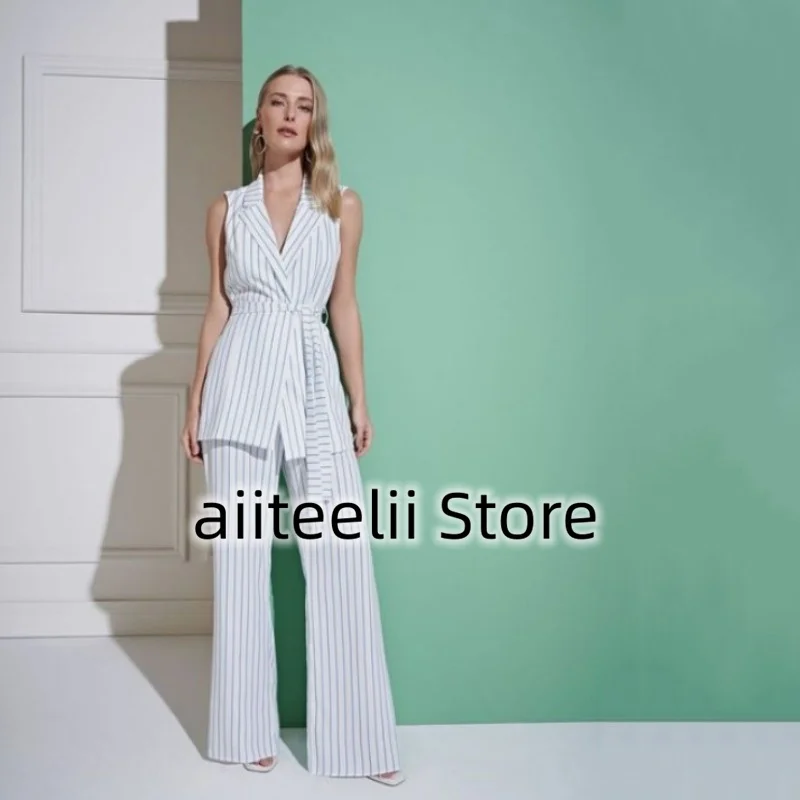 Women's Suit Two-piece Elegant Striped Sleeveless Vest Fashion Lapel OL Lace-up Slim Fit Business Casual Ladies Jacket 2023