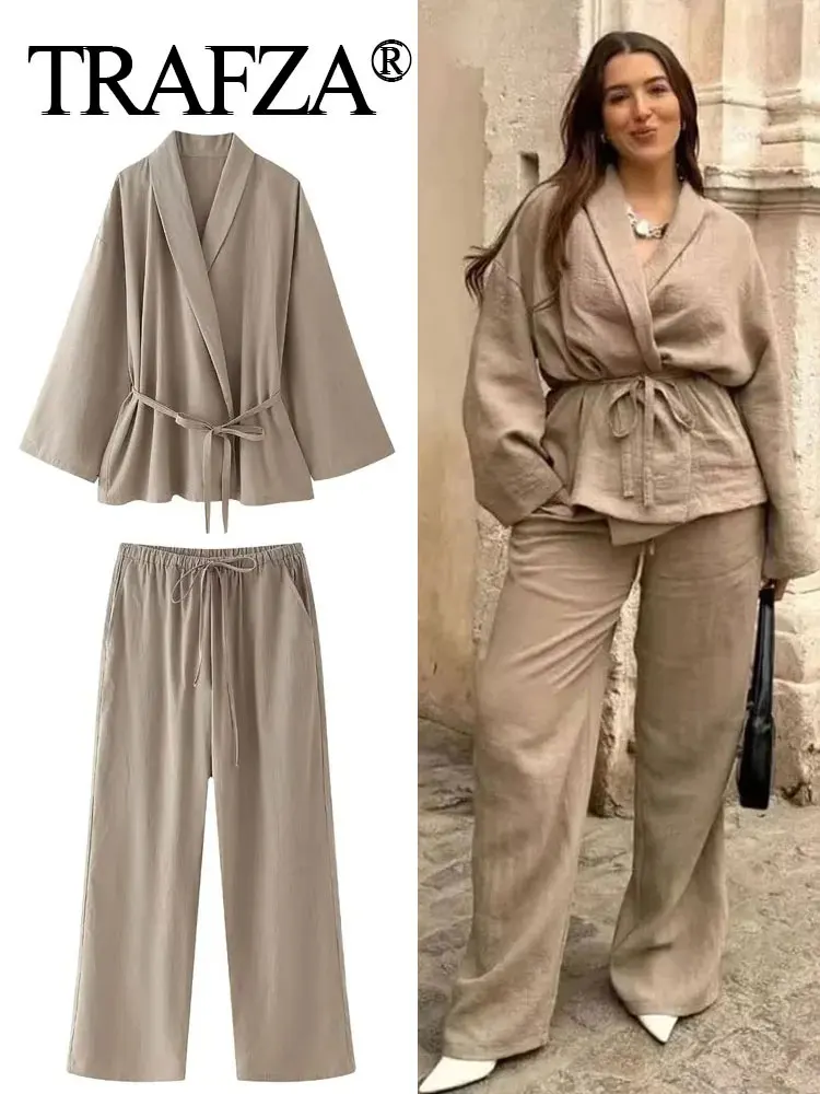 TRAFZA Solid Lace Up Shirts Pants Women Casual Loose Linen Blouse Top Trouser Suit Female 2024 Spring Summer Lady 2 Pieces Set