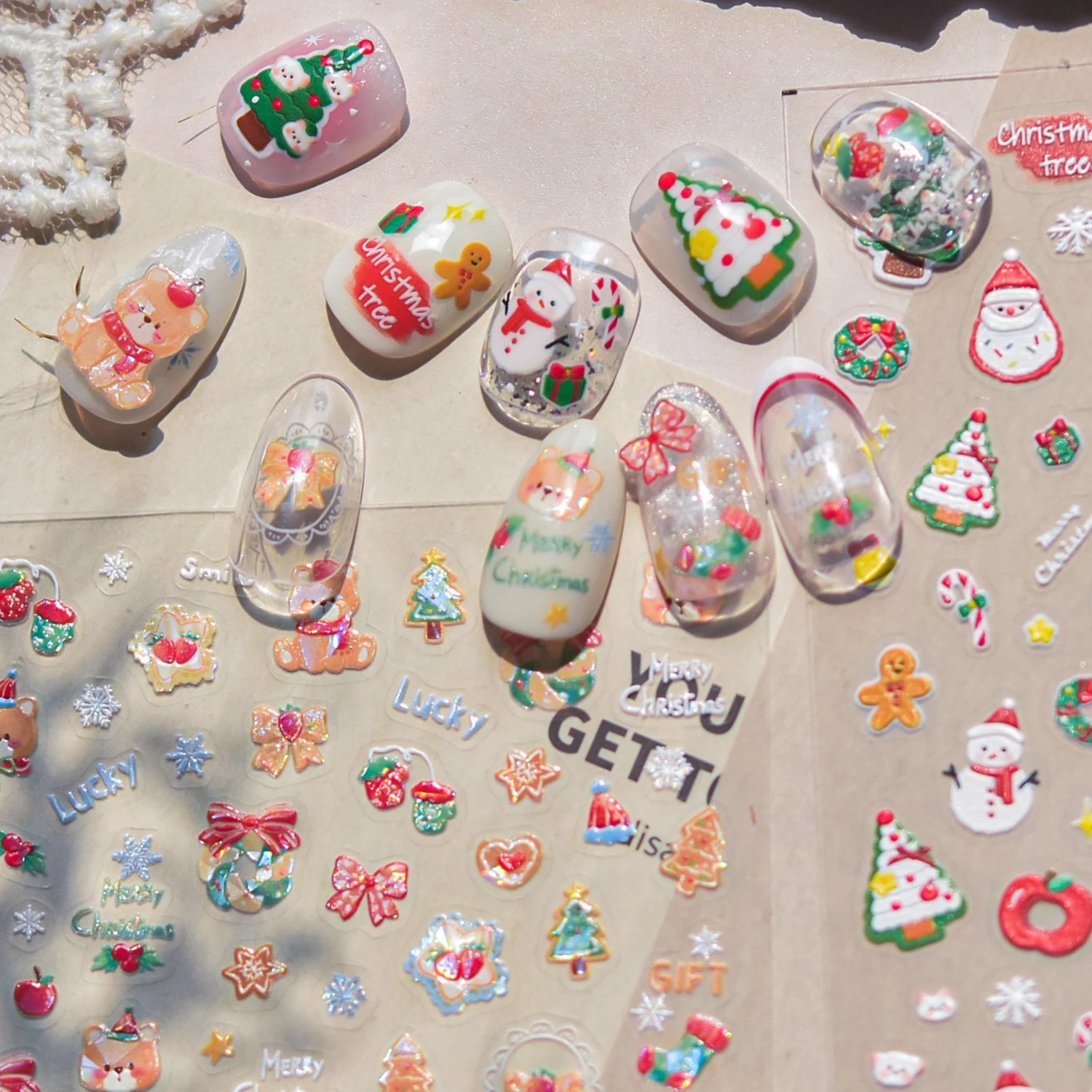 

Christmas Flower Wreath Bear Apple Tree Socks Bowknot Snowman Snowflake Gingerbread Man Bell Nail Art Stickers Manicure Decals
