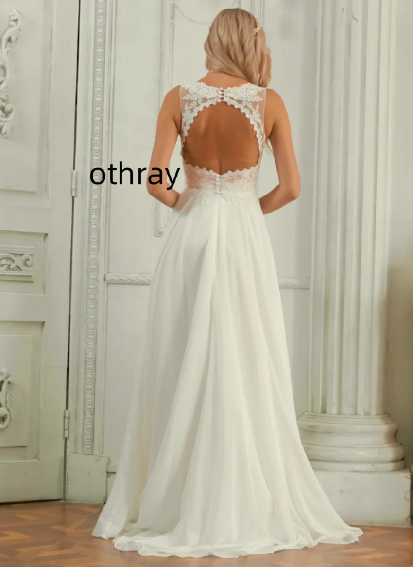 Othray A-line V-Neck Backless applique Sweep Train Chiffon Lace Wedding Dress robe de mariée wedding dress 2024 bride