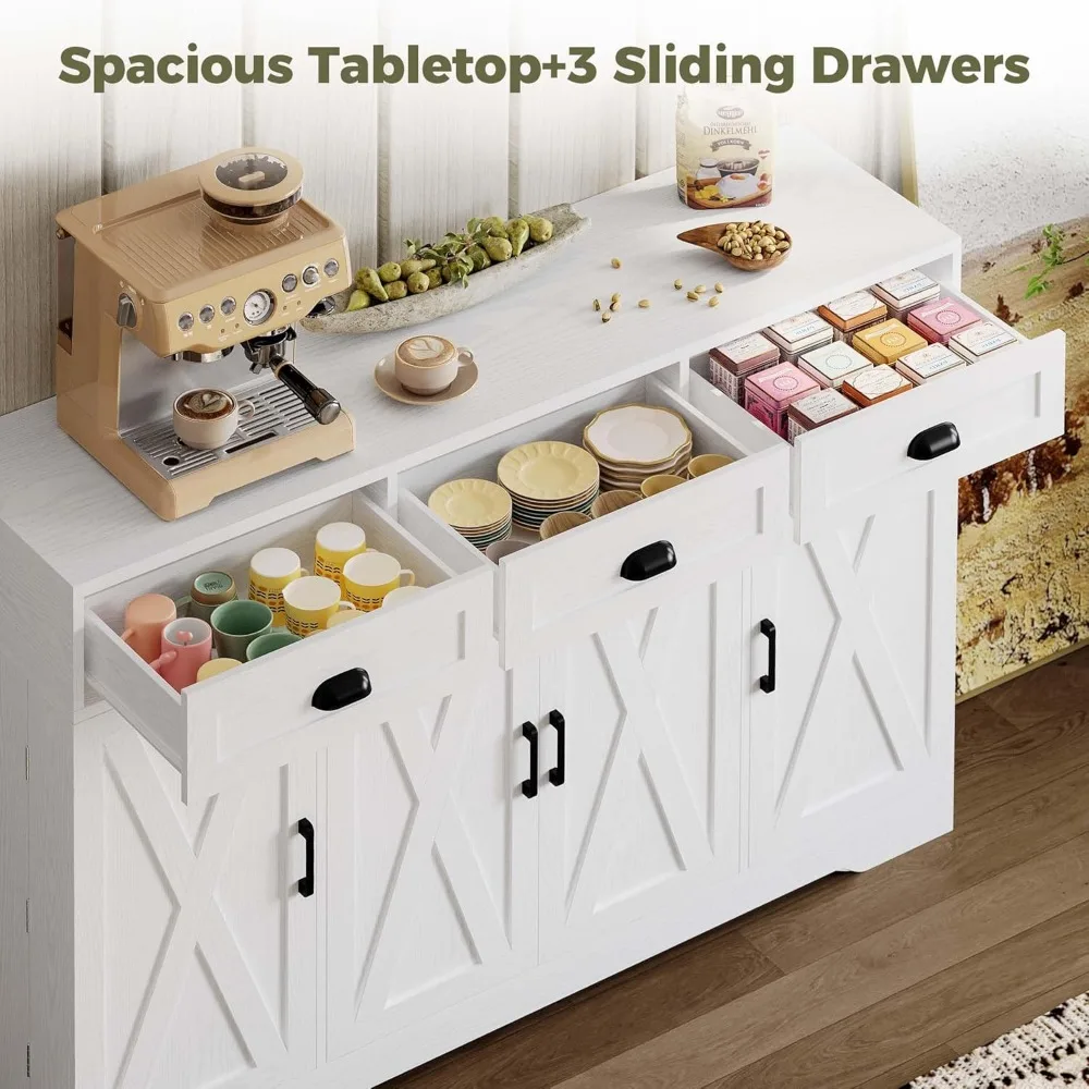 Armário buffet com armazenamento, aparadores com 4 portas, armário de armazenamento de cozinha com 6 prateleiras ajustáveis, café moderno Ba