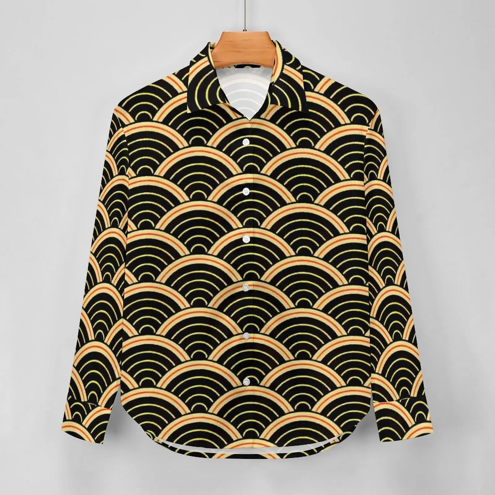 Japanese Seigaiha Blouse Gold Kanagawa Vintage Printed Blouses Womens Street Fashion Shirts Spring Long Sleeve Oversized Top