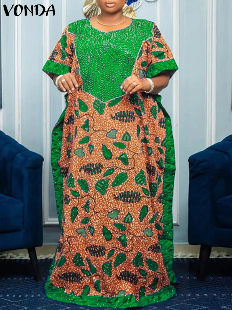 

Plus Size VONDA Vintage Print Maxi Dress Summer Party Vestido 2025 Women Bohemian Patchwork Bat-wing Sleeve Sundress Casual Robe