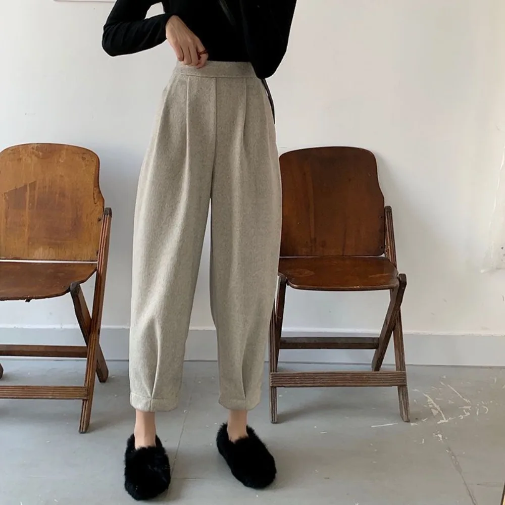 Retro High Waist Wide Leg Radish Pants Women's Woolen Pants 2025 New Autumn Casual Elastic Lantern Harlan Pants Women