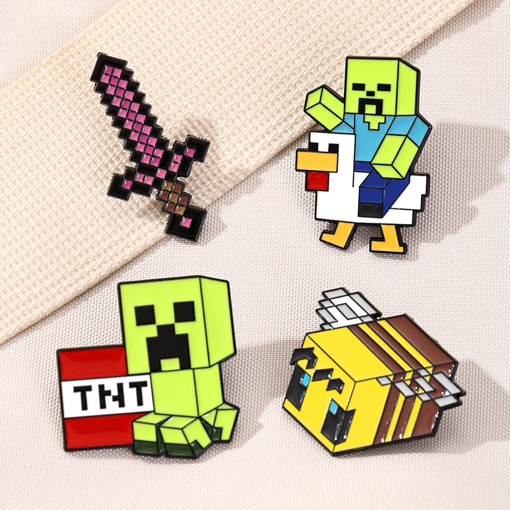 4pcs Set Baby Zombie Chicken Jockey & Pixel Creative Sword Bee Enamel Pin Brooch Metal Badge Jewelry for Backpack Accessories