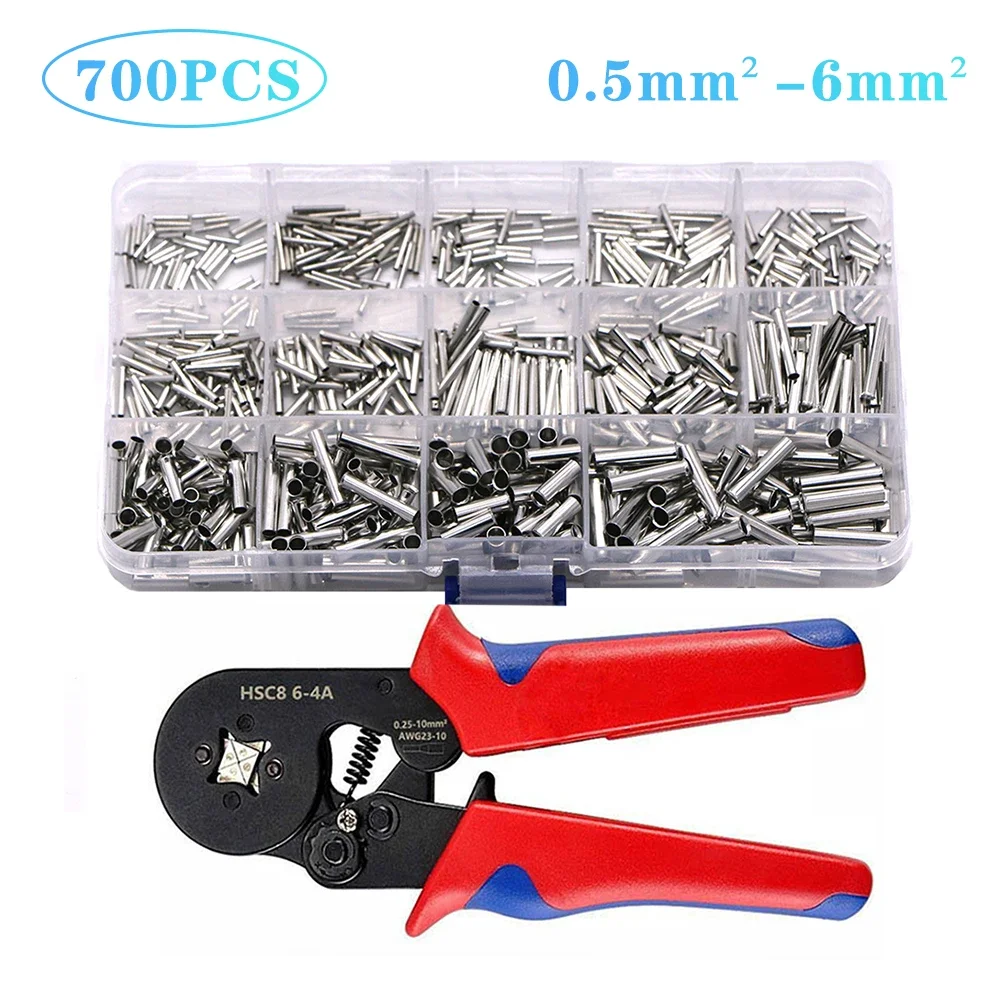 700PCS Non-Insulated Wire Connector Ferrules Electrical Cable Terminal Copper Tinned Crimp Terminal 0.5mm2-6mm2 22-10 AWG Plier