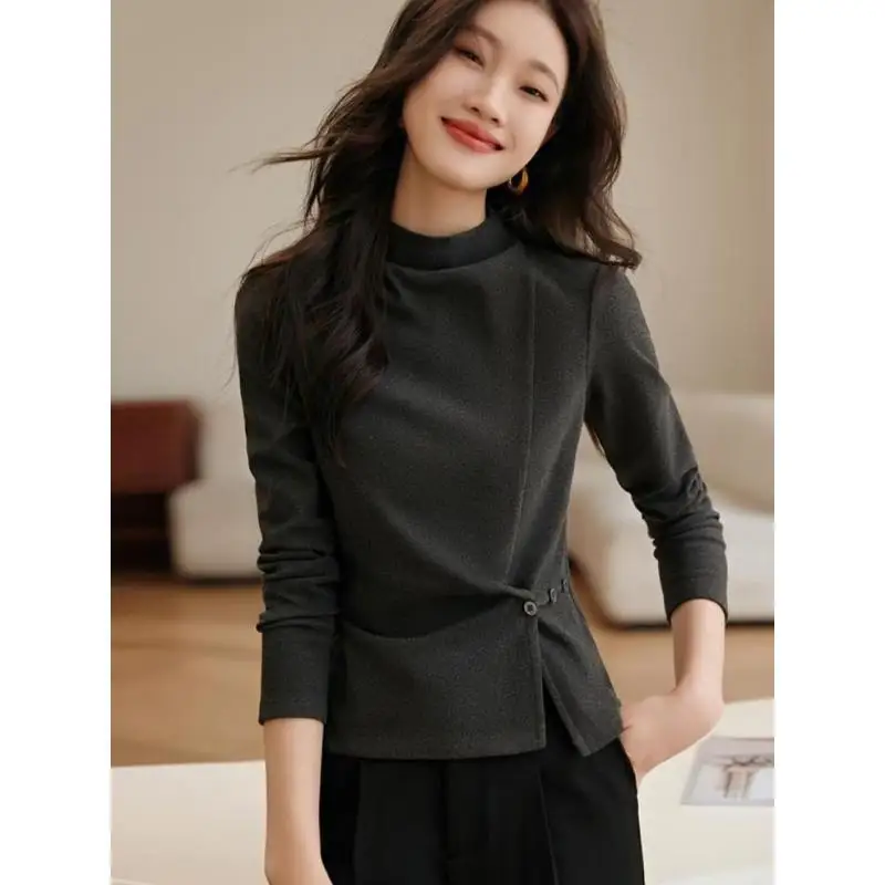 Fleece Thickened Base Shirt T-shirt for Women New Fashionable Commuting and Versatile Warm Top JJ35