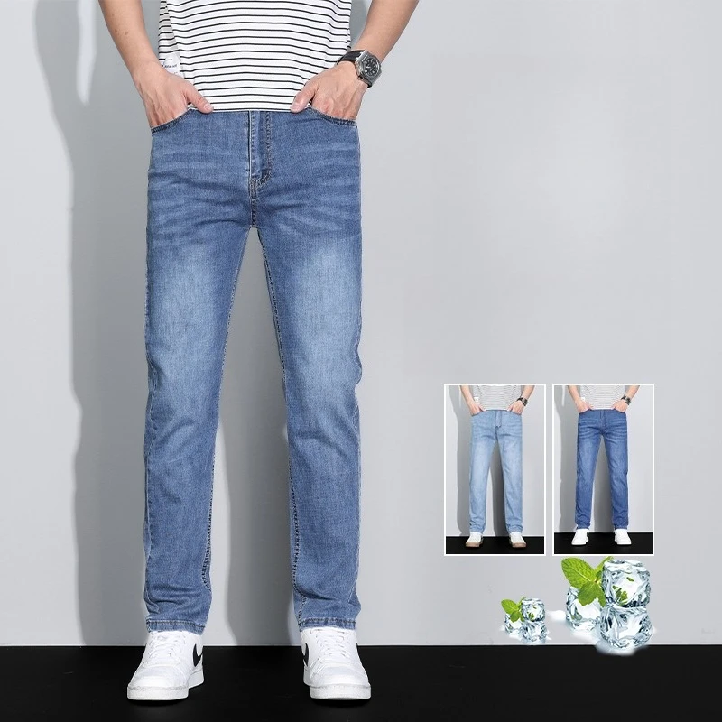 Celana Kargo Denim Sutra Es Pria Jeans Kasual Bisnis Tipis Baru Musim Panas Luar Ruangan Y2K Cocok untuk Semua Jeans Elastis Lurus Slim Fit Pria