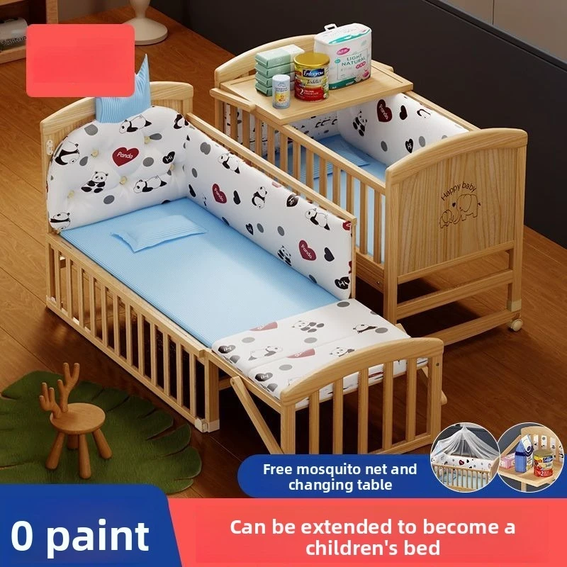 Crib Splicing Large Bed Solid Wood Unpainted Eco-Friendly Mobile Baby Cradle Newborn Multifunctional Children's Sleeping Bed