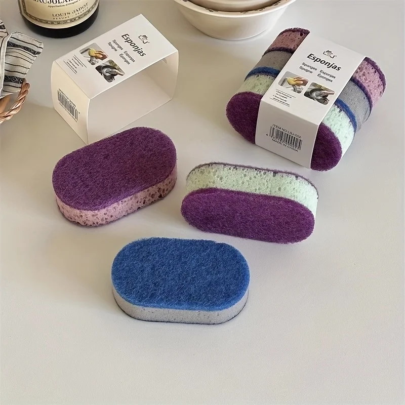 3PCS Three Color Random, Household Cleaning Sponge Wipe, Thick High-density Double-sided Kitchen Dishwashing Wipe, Scouring Pad