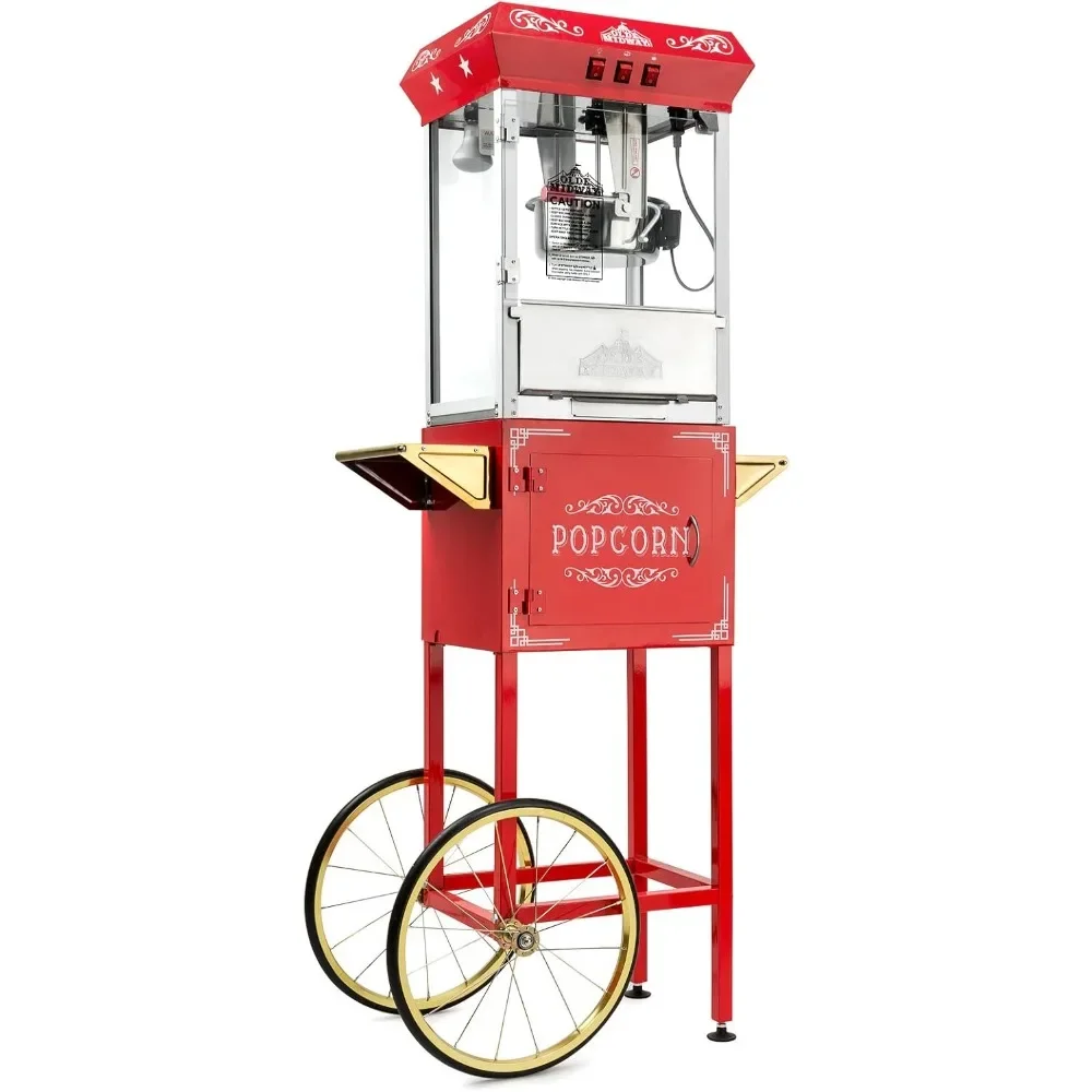 Popcorn Machine,10 Ounces Portable Metal Vintage Style Popcorn Machine Maker Popper with Cart and 10-Ounce Kettle - Red