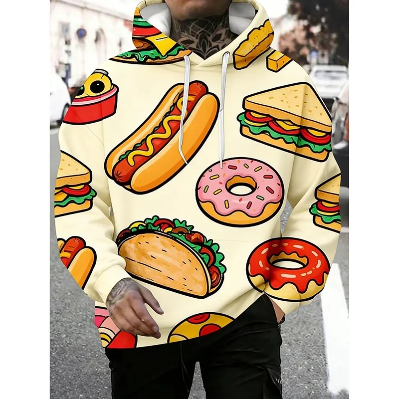 3D Print Hamburgers Pizza Fried Chicken Pattern Hoodie Food Festival Street Personality Hooded Coat Men's Unique Funny Hoodies