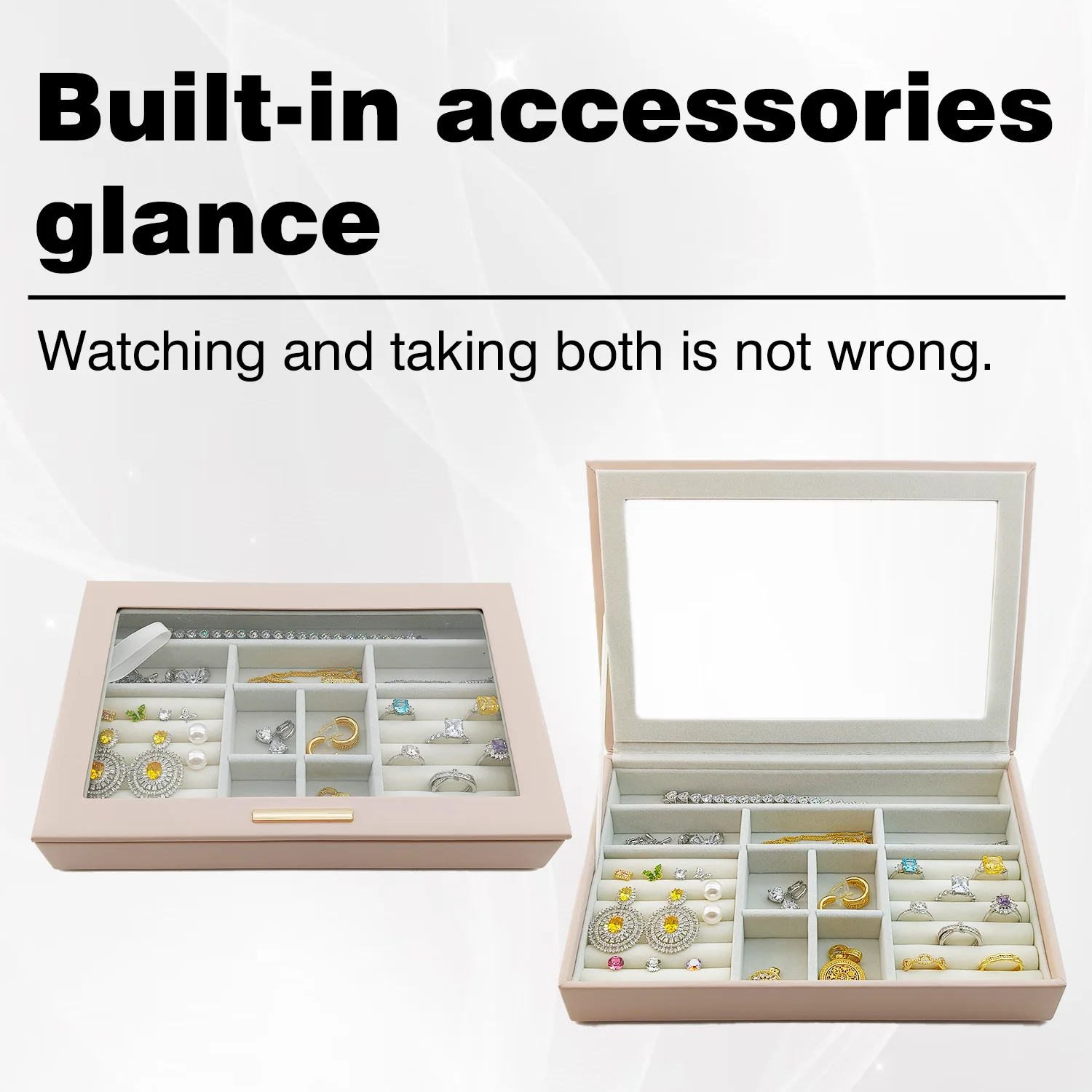 

Pink Jewelry Storage Box-Transparent Flip Cover Ring Earring Necklace Bracelet Jewelry Display Case Velvet Jewelry Show Prop