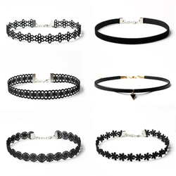 6 Pcs Set Black Simple Fashion Gothic Floral Shape Lace Alloy Choker Necklace Women Party Outfit Jewelry