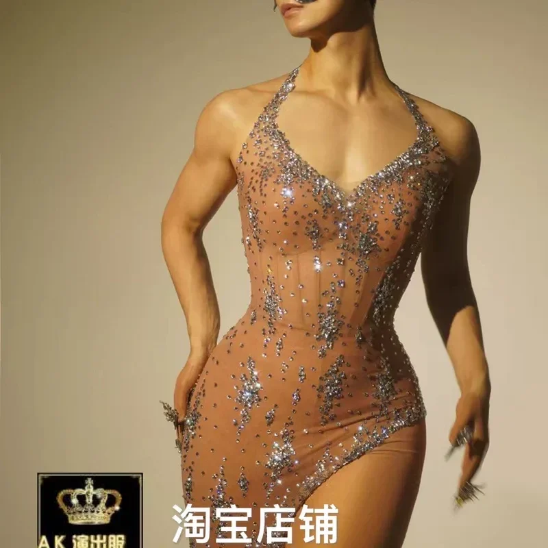 Women AK Costume Dress Full Rhinestone Galaxy Print Slit Neck Long Sleeve Stage Performance Outfit for Singer Model Nightclub