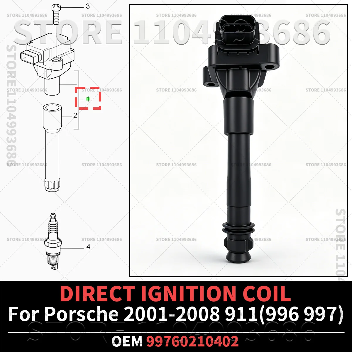 

For Porsche 2001 2002 2003 2004 2005 2006 2007 2008 911 Carrera Turbo S GT3 Targa (996 997) DIRECT IGNITION COIL OEM 99760210402