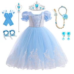 Girls Cinderella Cosplay Costume For Children Kids Blue Puff Sleeve Ball Gown Birthday Party Outfit with Gloves Garland 2-10T
