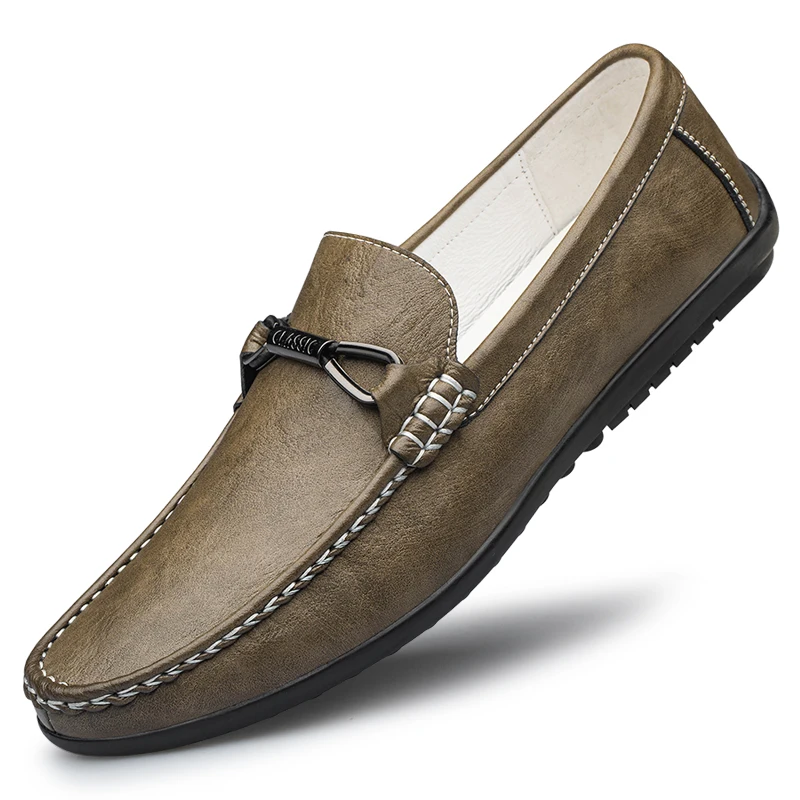 Spring Italian Luxury Brand Loafers Men Slip-on Fashion Leather Metal Buckle Comfortable Soft Bottom Moccasin Handmade Shoes