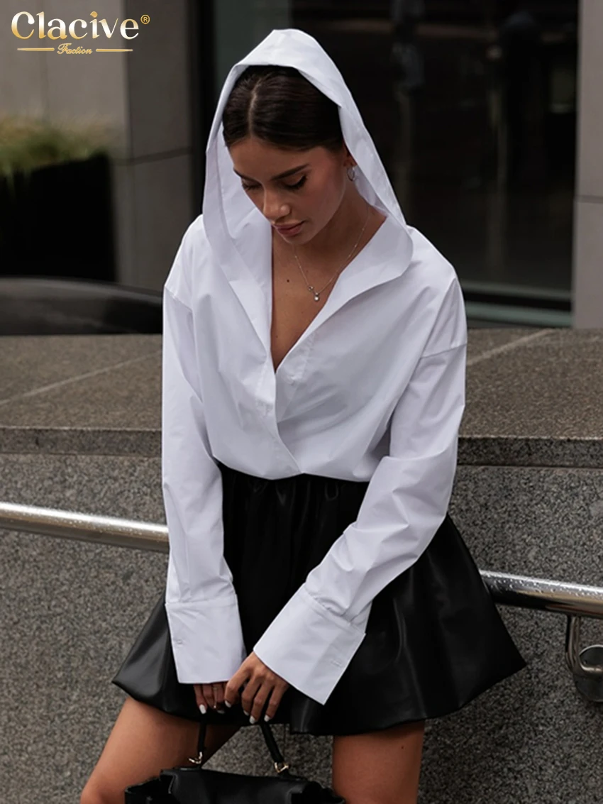 

Clacive Fashion Loose White Cotton Women's Shirt 2025 Elegant Hooded Long Sleeve Blouses Streetwear Solid Top Female Clothing