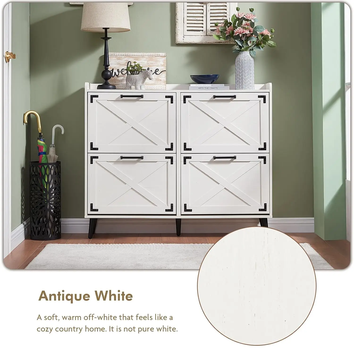 Shoe Cabinet 4 Flip Drawers Barn Door Slim Hidden Organizer Entryway Hallway Freestanding White, Customized