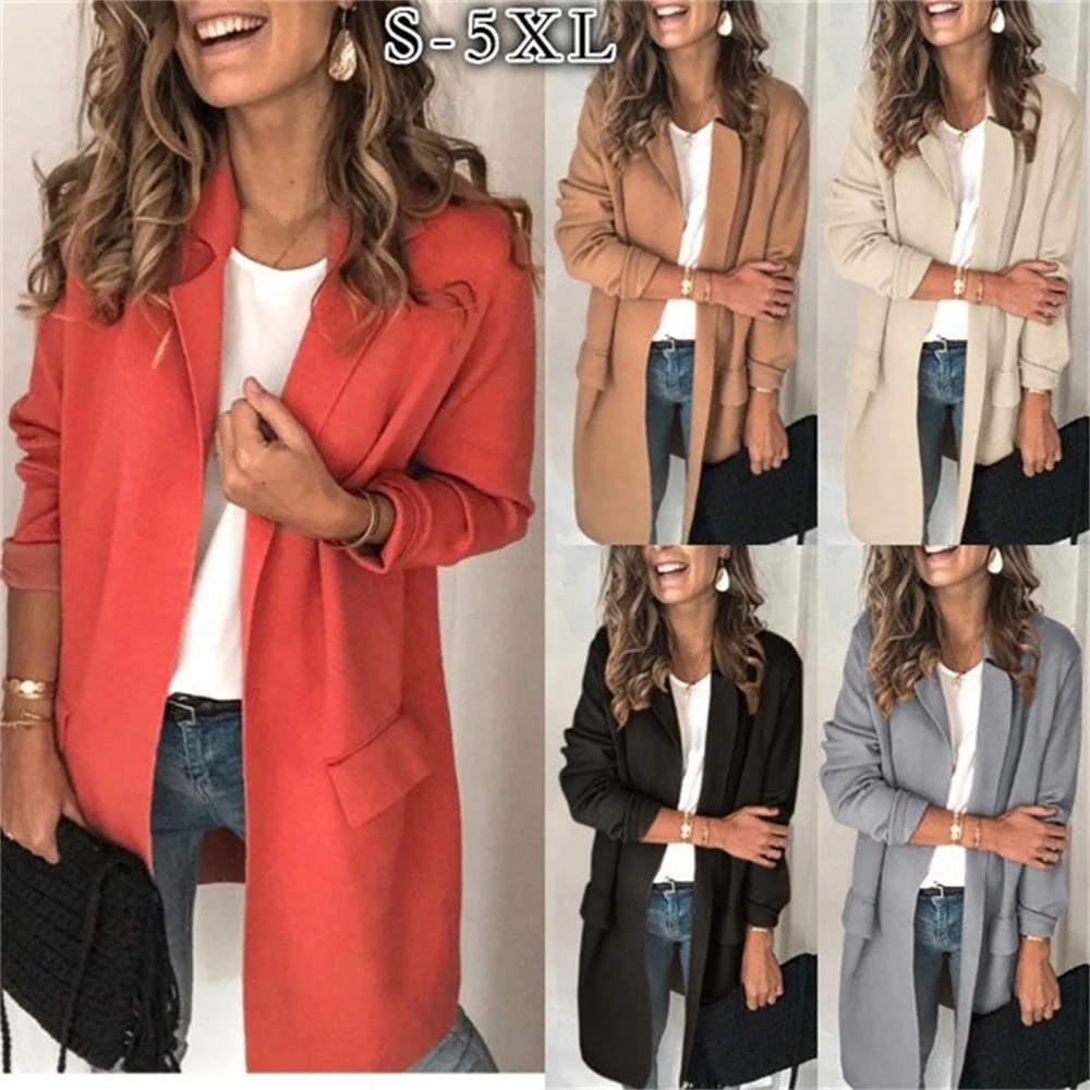 Chaqueta de traje informal de moda para mujer, abrigo largo de manga larga con cuello vuelto de Color sólido