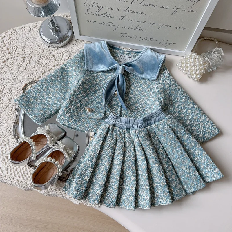 

2025Autumn New Style French Chic Outfit for Girls, Elegant Girl's Jacket and Pleated Skirt Two-Piece Set