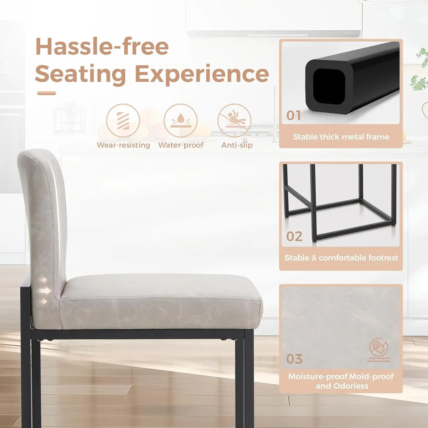 Maison Arts Bar Stools Set Of 4, 24 Inch Counter Height Barstools With Back, Metal Frame, Footrest, Upholstered Faux Leather