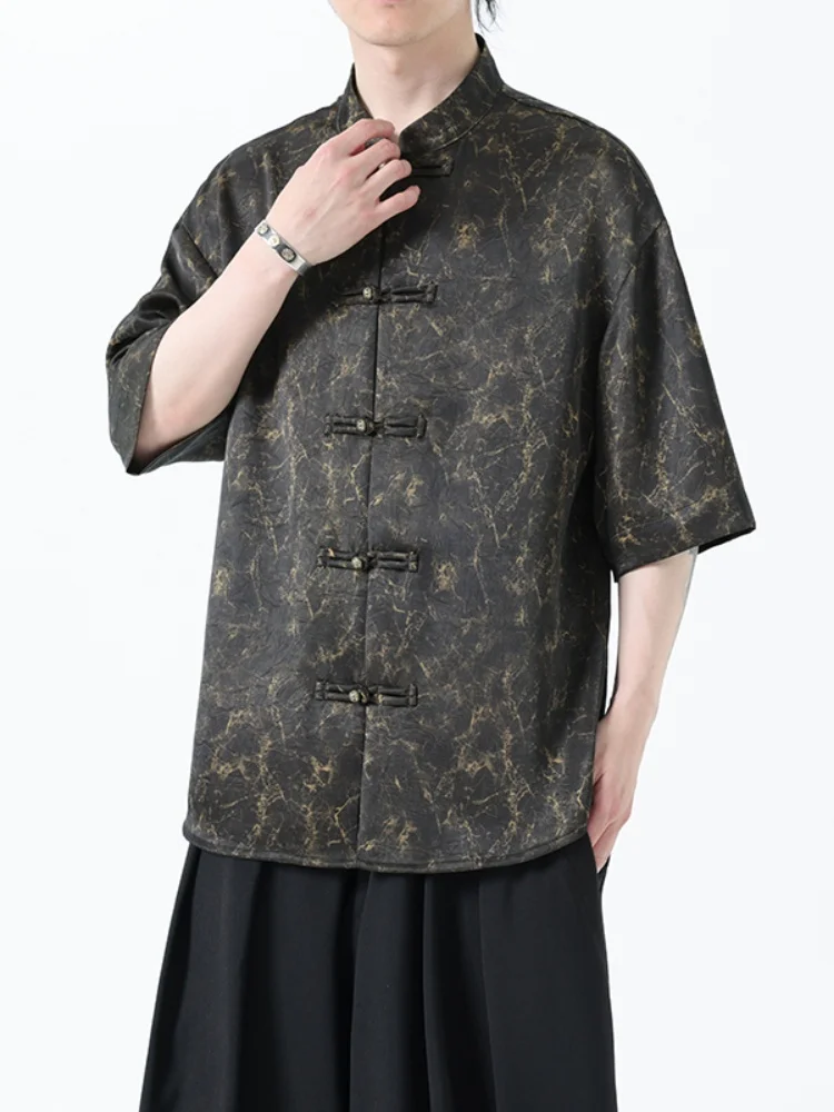 

Мужская летняя рубашка из ледяного шелка с коротким рукавом, тонкая, премиум-класса, с вышивкой, на пуговицах, в новом китайском стиле, свободного кроя, молодежная мода