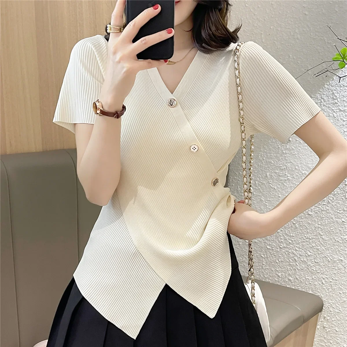 

Cross-design short-sleeved T-shirt women's summer plus-size ice silk short-sleeved sweater irregular cover belly waist slim top