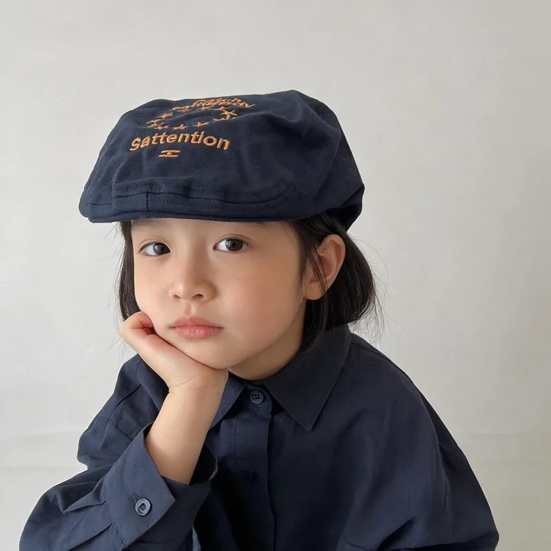 Vintage Spring Children Beret Letter Embroidery Newsboy Cap Parent-child Painter Hat Unisex Stylish Daily Wear Hat