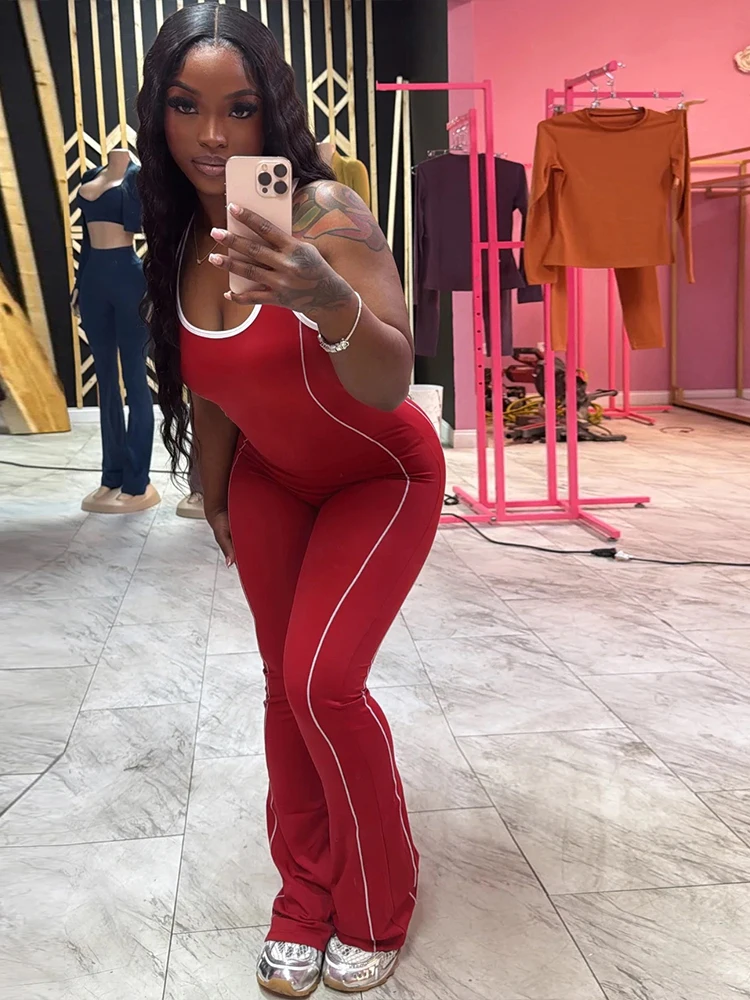 

Insglas Sleeveless Panelled Stripe Women Jumpsuits Summer O-neck Backless Skinny Overalls Casual Sporty Female Active One Piece