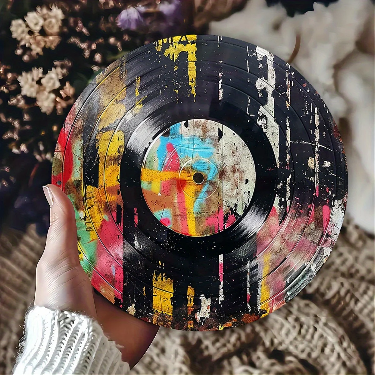 Vintage Black Vinyl Record Art Theme Vintage Round Aluminum Sign, Home, Kitchen, Garden, Club, Garage and Office Retro Decoratio