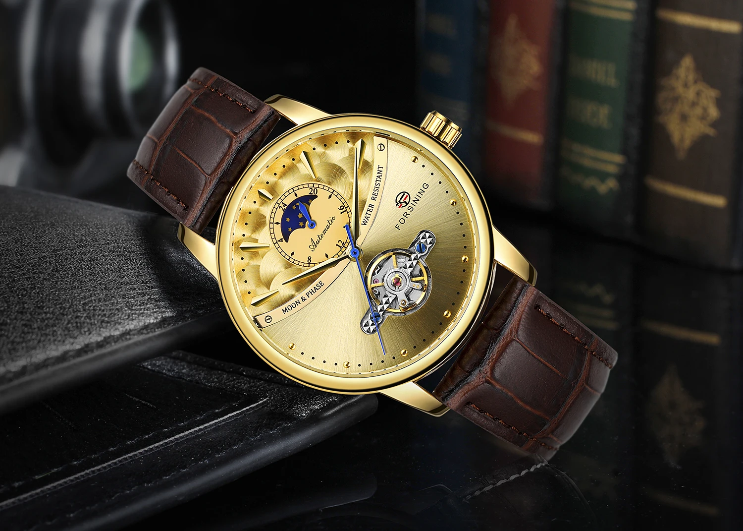 FORSINING Fashion Luxury Mens Automatic Skeleton Mechanical Watch Moon Phase Design Tourbillon Leather Strap Business Wristwatch