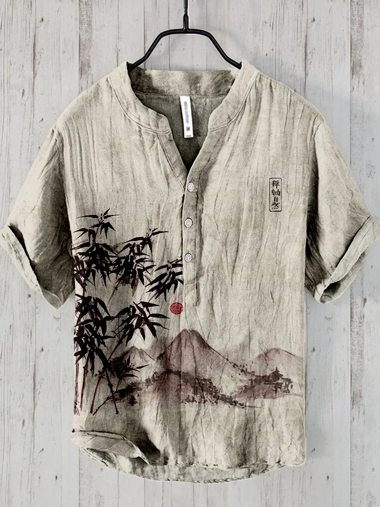 

Summer Japanese Art Print Vintage Henley Shirts Men's Casual Button-Down Short Sleeve V- Neck T Shirt Man Tees Tops Clothing