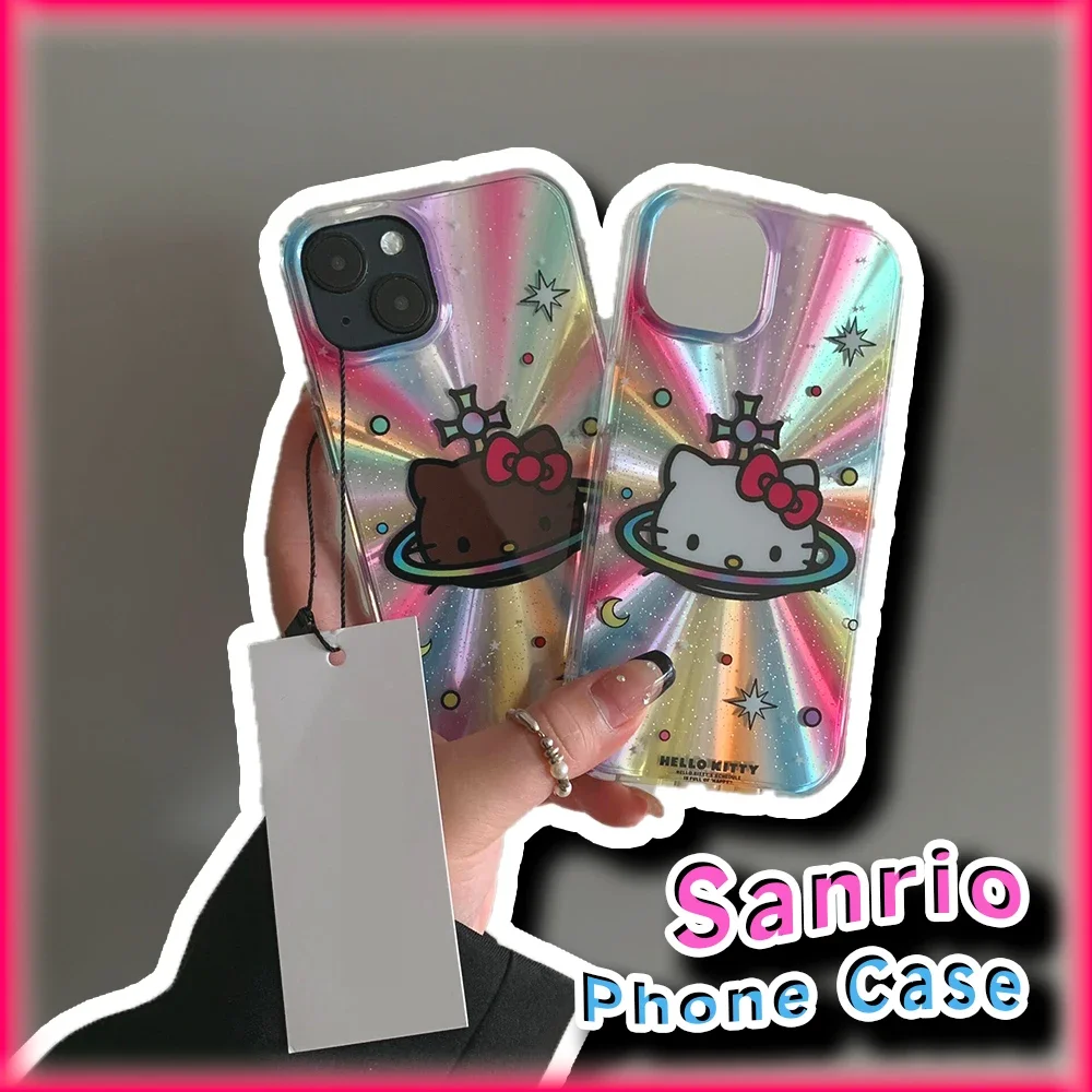 Kawaii Tan Hello Kitty Shining Phone Case Sanrio Y2k Creative Girl Women Protective Full Cover for IPhone 11 12 13 14 15 Pro Max