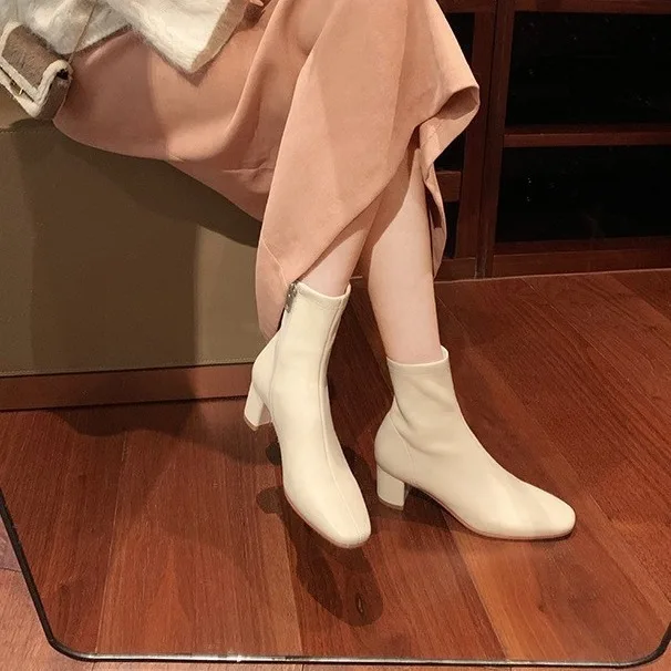 

Single boot French white leather thick heel high-heeled short boots for women's winter Korean ankle boots