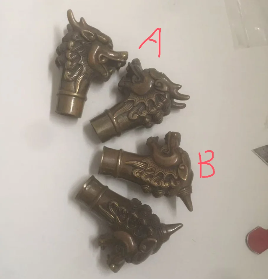 Old Dynasty Bronze Fengshui Zodiac Dragon Head Walking Stick Crutch Head Statue