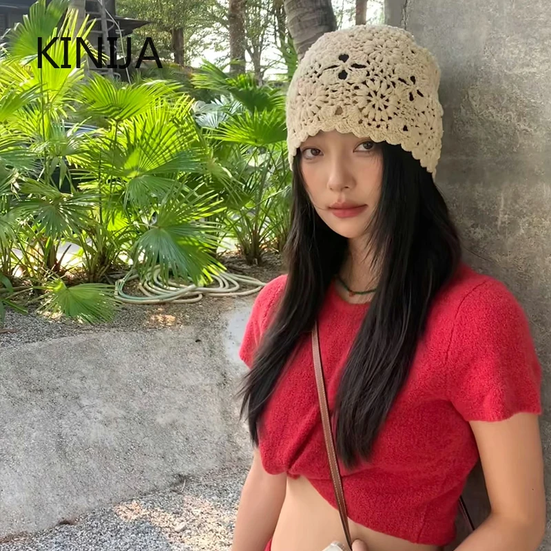 Handmade Crochet Hollow Head Japan Knit Cap Spring Summer Retro Casual Turban Fashion Melon Mesh Hat Pullover Hat Breathable
