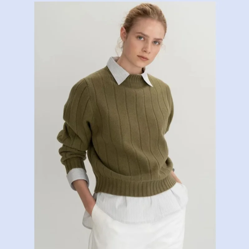 

Korean niche women's autumn and winter new half height collar wide stripe wool cashmere knitted sweater sweater