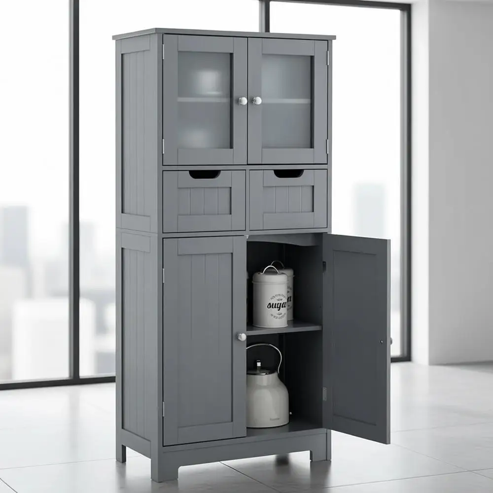 

Отдельно стоящий шкаф для хранения в ванной комнате со стеклянной дверцей, 2 ящиками и регулируемыми полками - серый